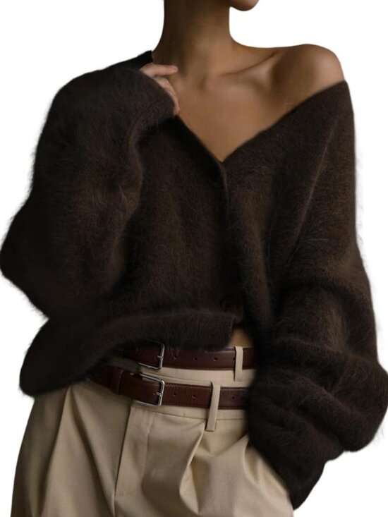 Sweaters - Cozy Fuzzy Cardigan Sweater | V-Neck, Long Sleeve, Button Down, Slouchy Knit